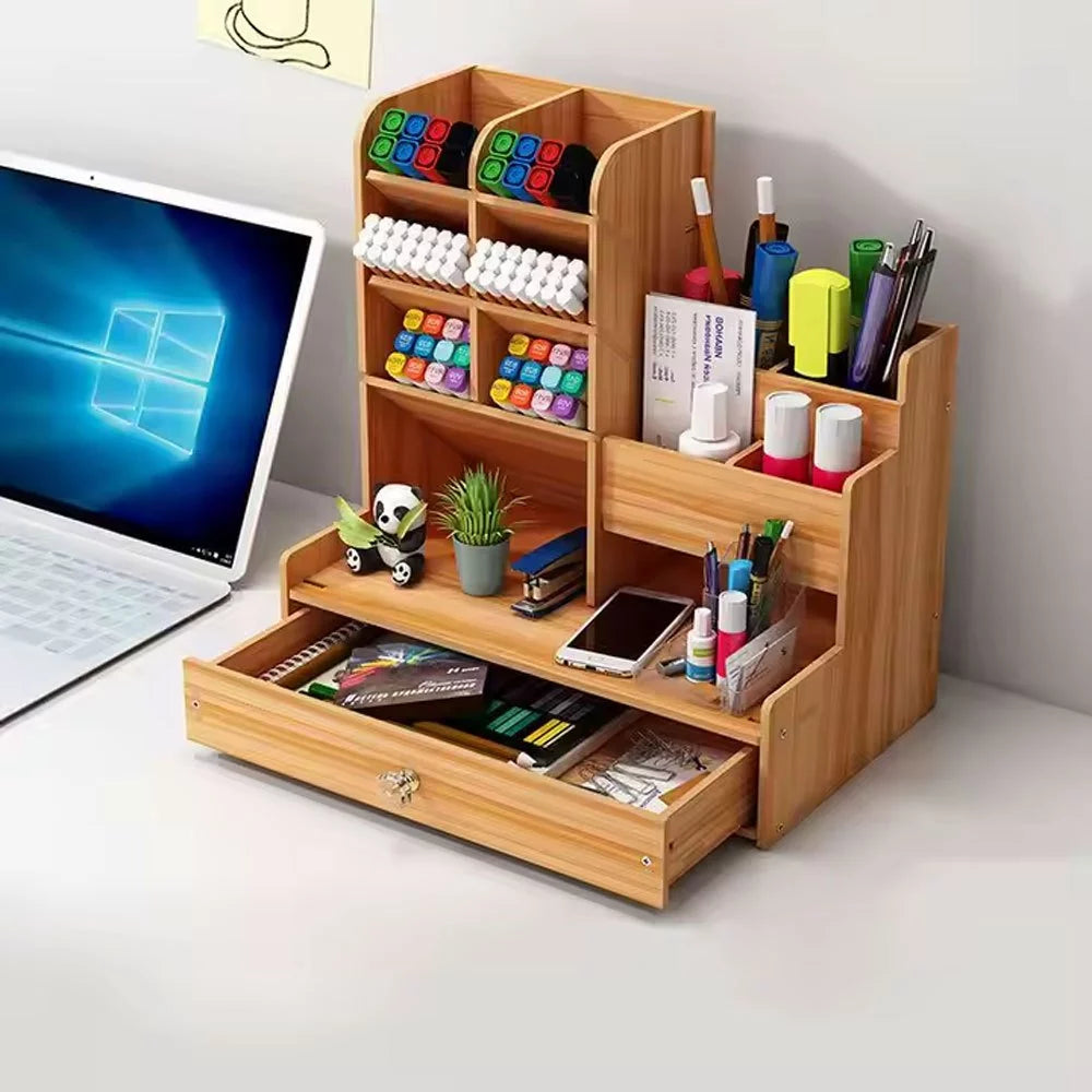 Organizador de Mesa em MDF com Gaveta | Porta Canetas e Nichos – Lumia