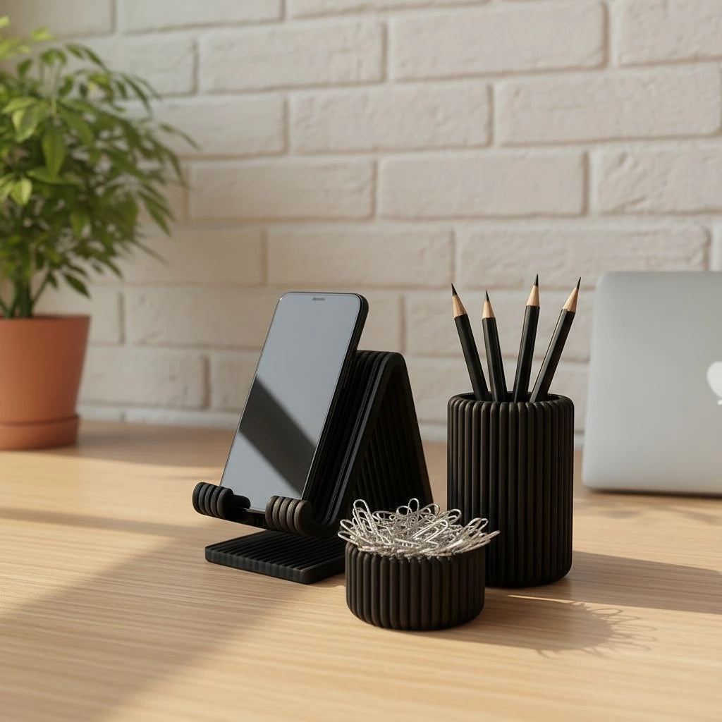 Kit Organizador de Mesa Home Office 3 em 1 | Porta Caneta, Clips e Suporte Celular – Lumia