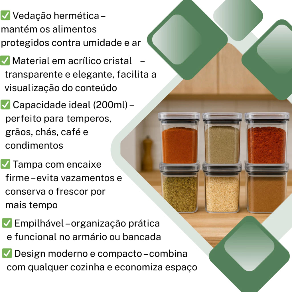 Kit Potes Herméticos Acrílico Cristal 200ml Empilháveis | Organizador de Alimentos com Vedação Premium – Lumia