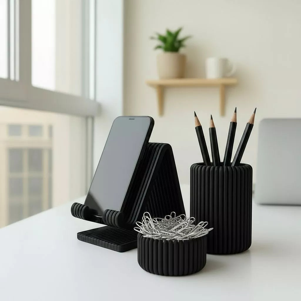 Kit Organizador de Mesa Home Office 3 em 1 | Porta Caneta, Clips e Suporte Celular – Lumia