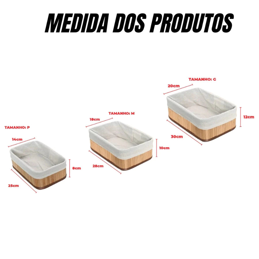Kit 3 Cestos Organizadores de Bambu com Forro | Multiuso Banheiro e Closet – Lumia