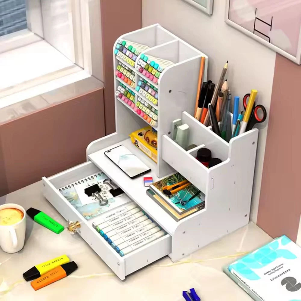 Organizador de Mesa em MDF com Gaveta | Porta Canetas e Nichos – Lumia