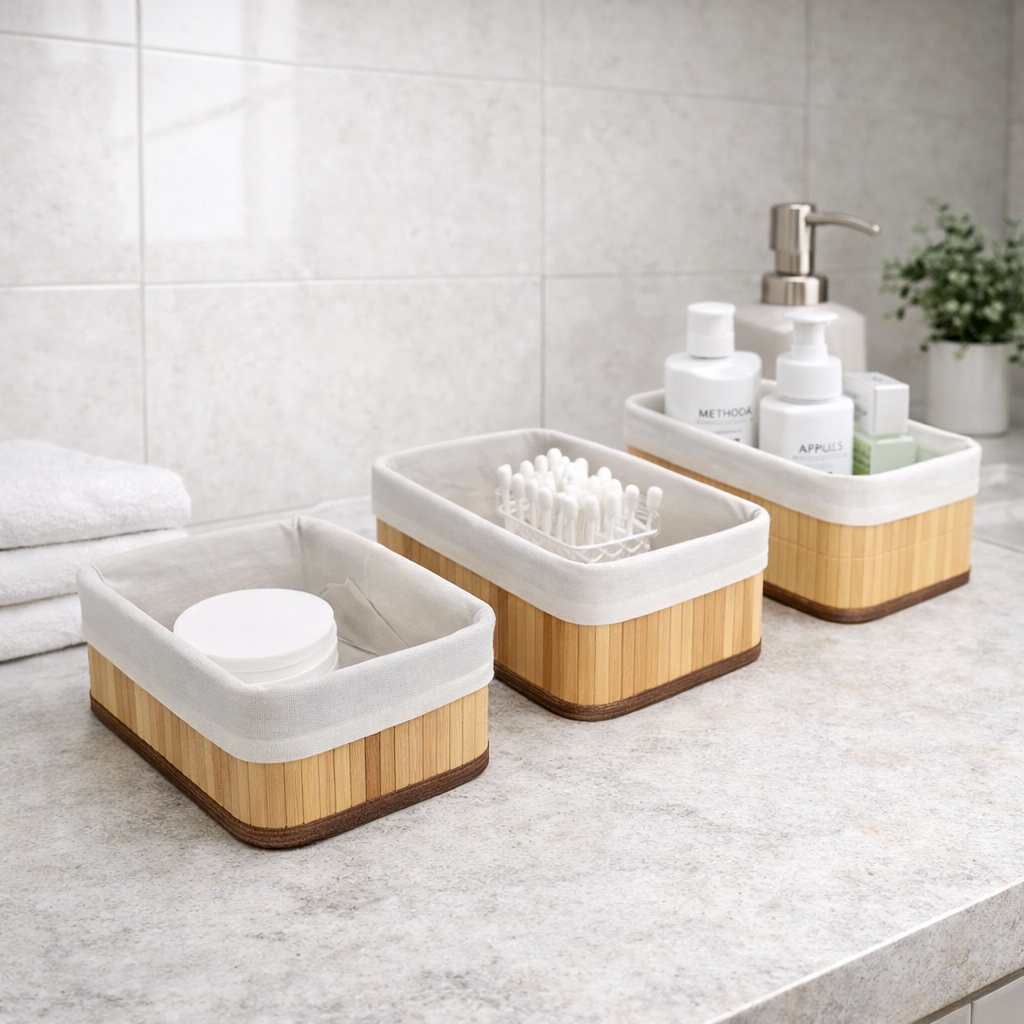 Kit 3 Cestos Organizadores de Bambu com Forro | Multiuso Banheiro e Closet – Lumia
