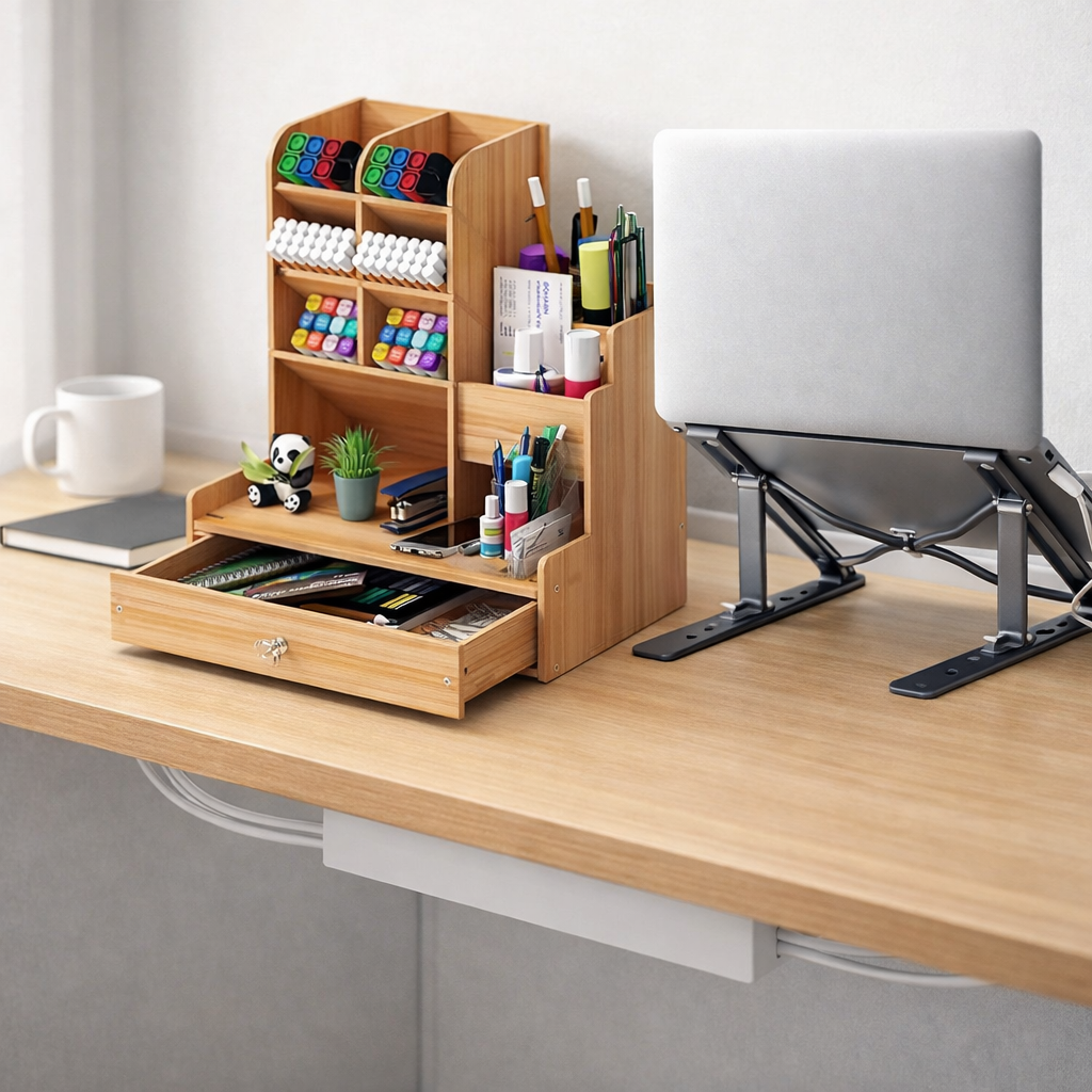 Organizador de Mesa em MDF com Gaveta | Porta Canetas e Nichos – Lumia