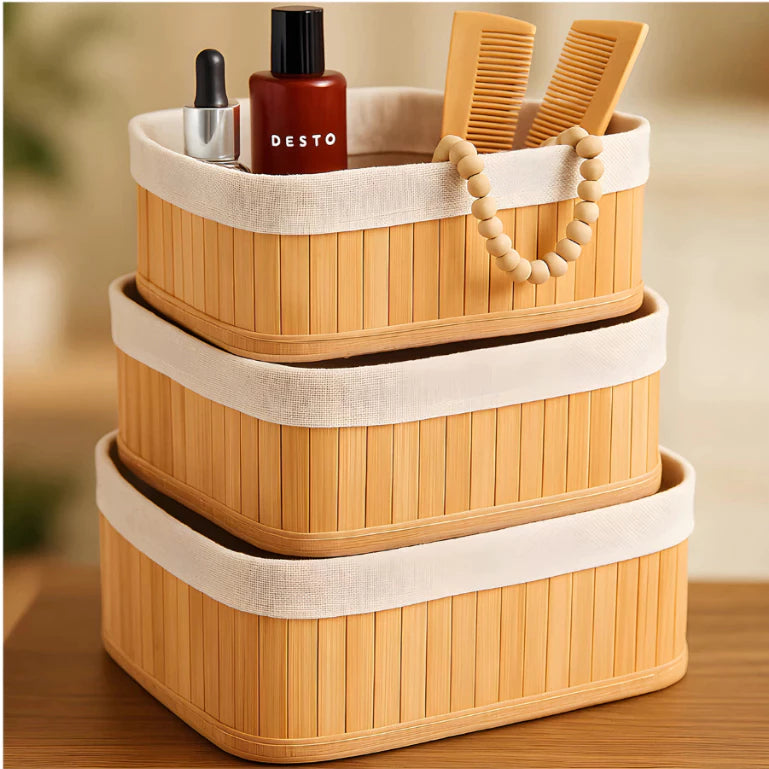 Kit 3 Cestos Organizadores de Bambu com Forro | Multiuso Banheiro e Closet – Lumia