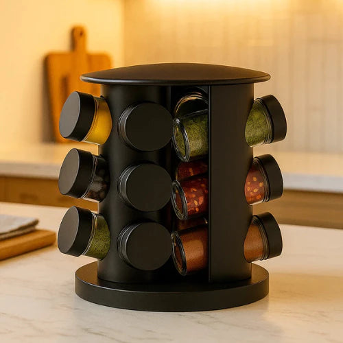 Porta Temperos Giratório 360º com Potes de Vidro e Tampa Dosadora | Organizador de Condimentos Premium – Lumia