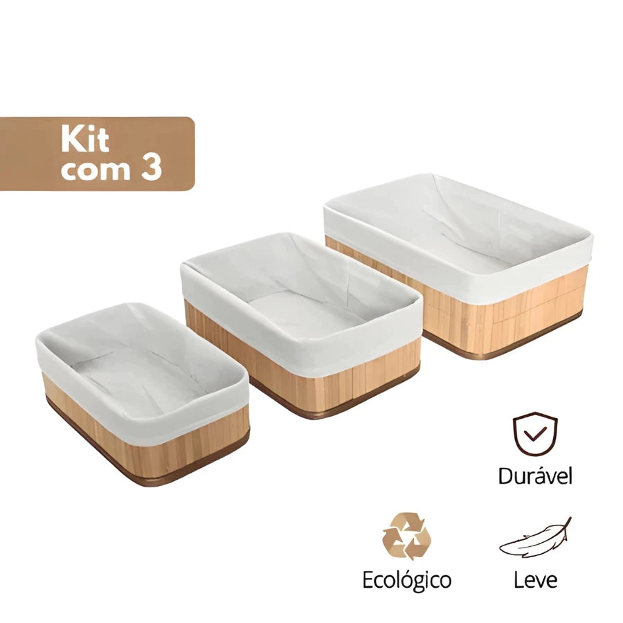 Kit 3 Cestos Organizadores de Bambu com Forro | Multiuso Banheiro e Closet – Lumia