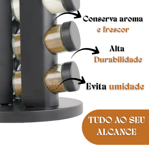 Porta Temperos Giratório 360º com Potes de Vidro e Tampa Dosadora | Organizador de Condimentos Premium – Lumia