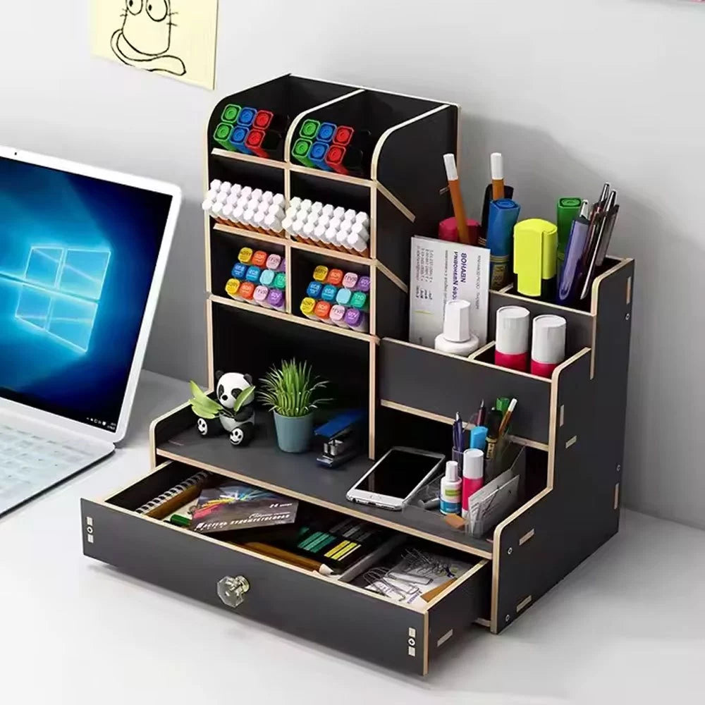 Organizador de Mesa em MDF com Gaveta | Porta Canetas e Nichos – Lumia