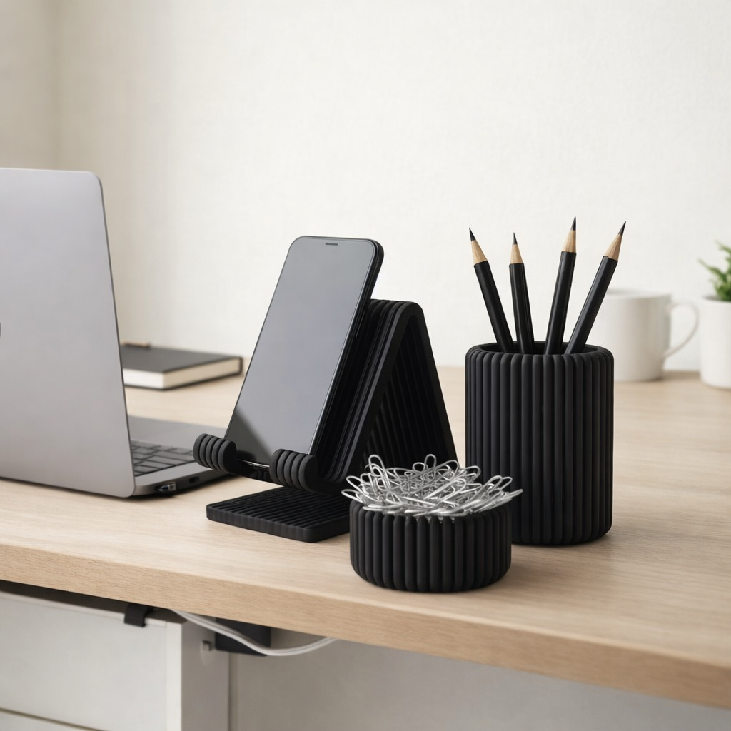 Kit Organizador de Mesa Home Office 3 em 1 | Porta Caneta, Clips e Suporte Celular – Lumia